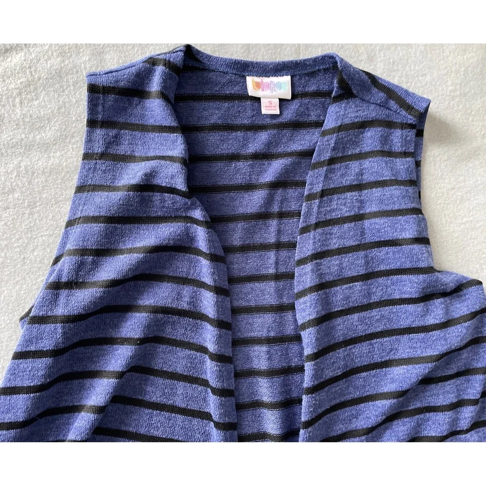 Lularoe Duster Vest, Size S, Open Front Blue/Black‎ Stripe Lightweight